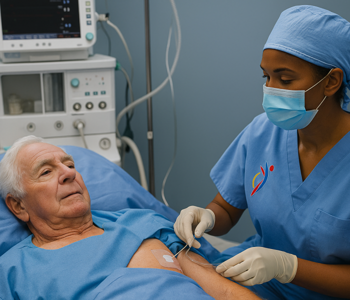 Houston vascular access nurse performing ultrasound-guided PICC insertion at patient bedside