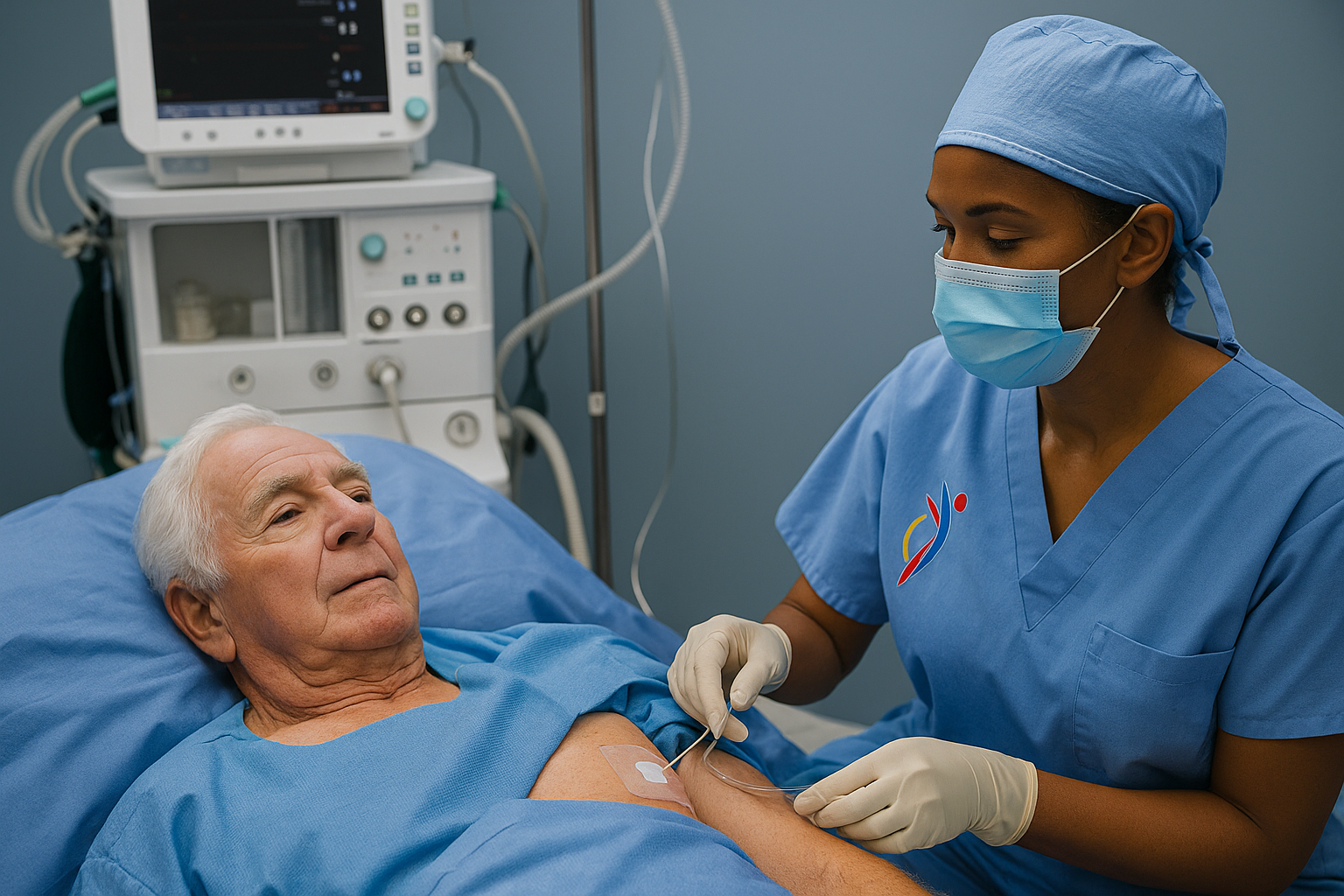 Houston vascular access nurse performing ultrasound-guided PICC insertion at patient bedside