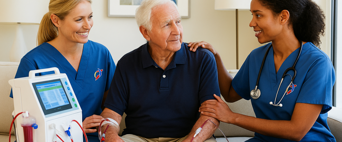 Polar Healthcare nephrology nurse assisting with remote monitoring setup for home dialysis in Houston