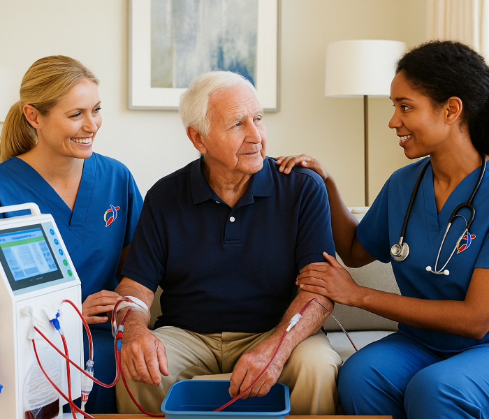 Polar Healthcare nephrology nurse assisting with remote monitoring setup for home dialysis in Houston