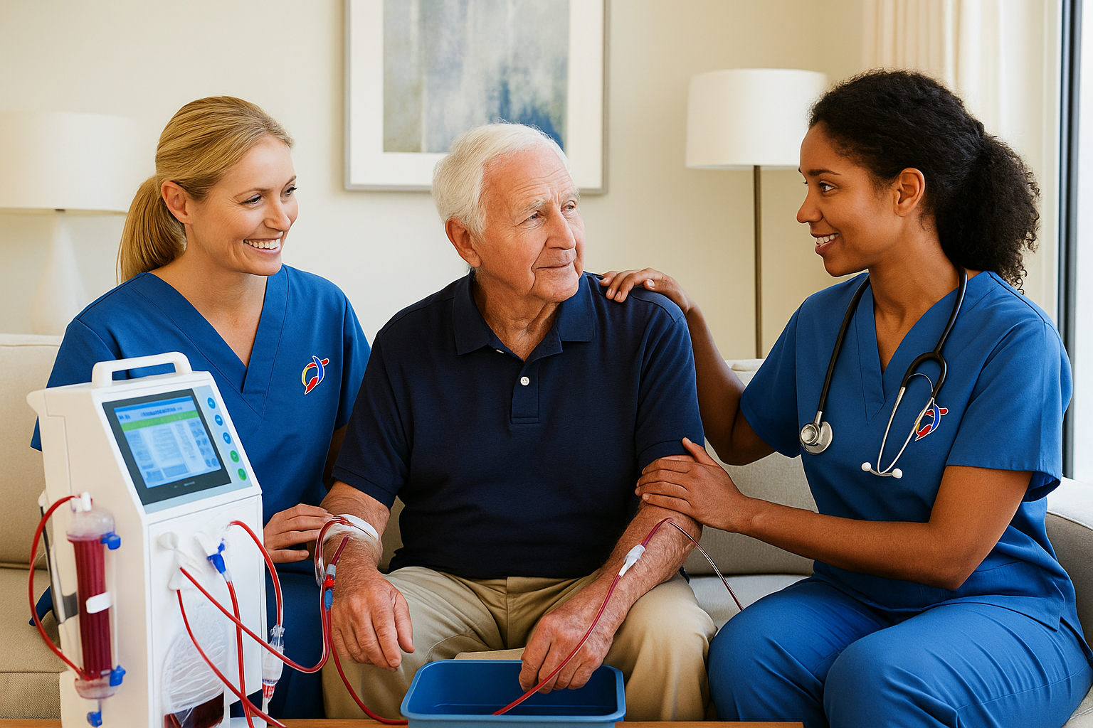Polar Healthcare nephrology nurse assisting with remote monitoring setup for home dialysis in Houston